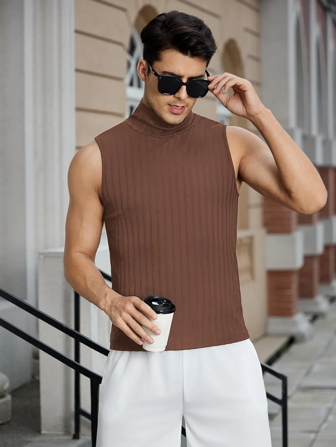 OYOANGLE Men's Casual Turtleneck Sleeveless Ribbed Knit Slim Fit Vest Tank Top