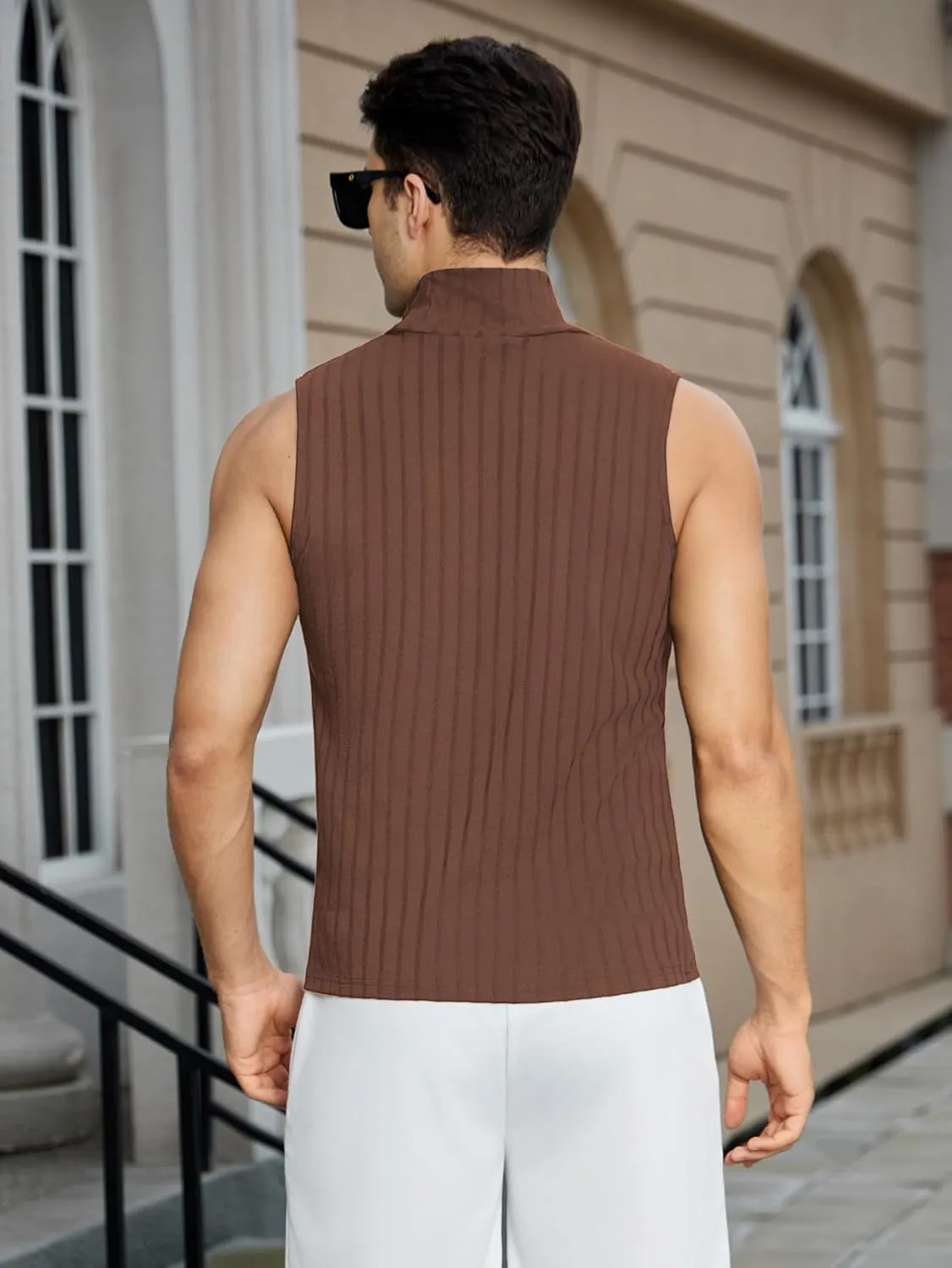 OYOANGLE Men's Casual Turtleneck Sleeveless Ribbed Knit Slim Fit Vest Tank Top