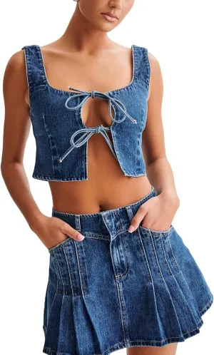 Perbai Womens Denim 2 Piece Summer Outfits Tie Front Sleeveless Tank Crop Top Low Rise Pleated Mini Skirt Y2K Sets