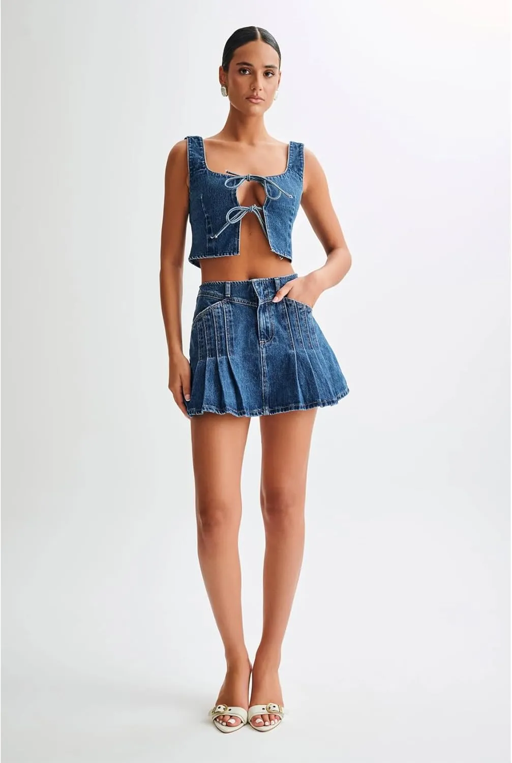 Perbai Womens Denim 2 Piece Summer Outfits Tie Front Sleeveless Tank Crop Top Low Rise Pleated Mini Skirt Y2K Sets