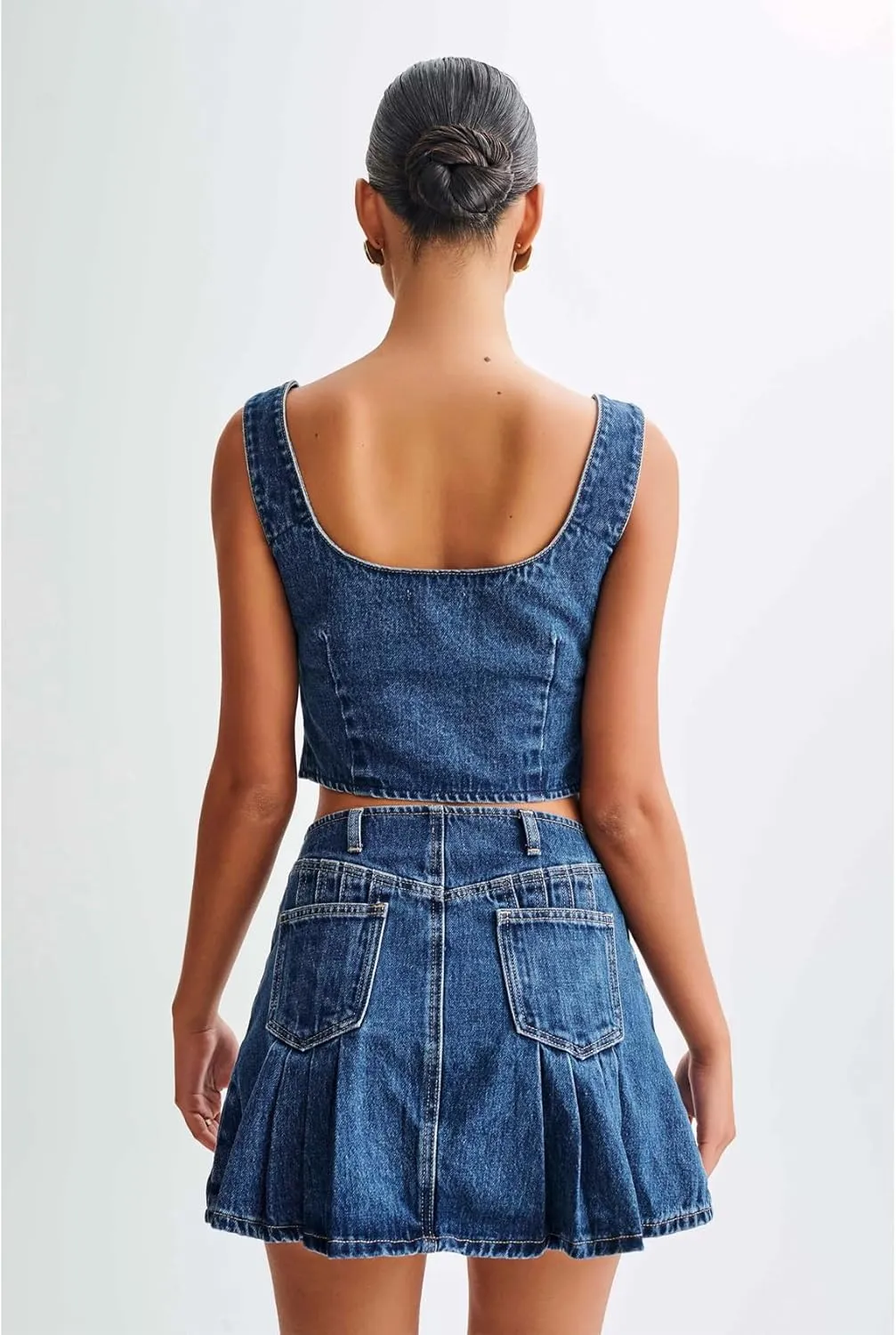 Perbai Womens Denim 2 Piece Summer Outfits Tie Front Sleeveless Tank Crop Top Low Rise Pleated Mini Skirt Y2K Sets