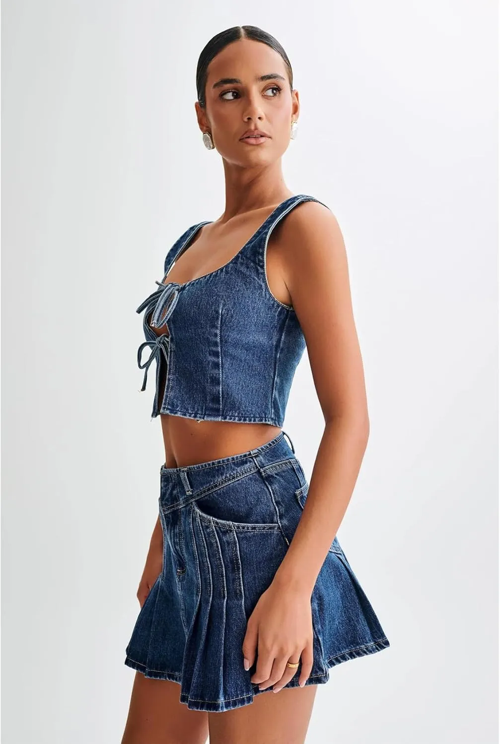 Perbai Womens Denim 2 Piece Summer Outfits Tie Front Sleeveless Tank Crop Top Low Rise Pleated Mini Skirt Y2K Sets