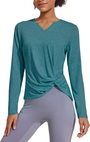 PINSPARK Womens Long Sleeve Shirts Workout Tops V Neck Twist Front Hiking Yoga Running Casual T-Shirt