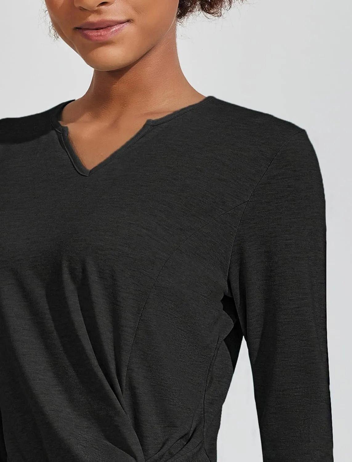 PINSPARK Womens Long Sleeve Shirts Workout Tops V Neck Twist Front Hiking Yoga Running Casual T-Shirt