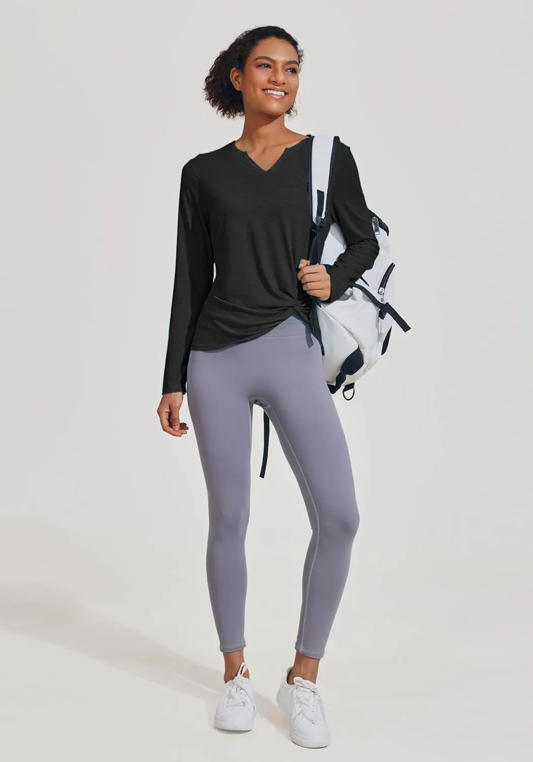 PINSPARK Womens Long Sleeve Shirts Workout Tops V Neck Twist Front Hiking Yoga Running Casual T-Shirt