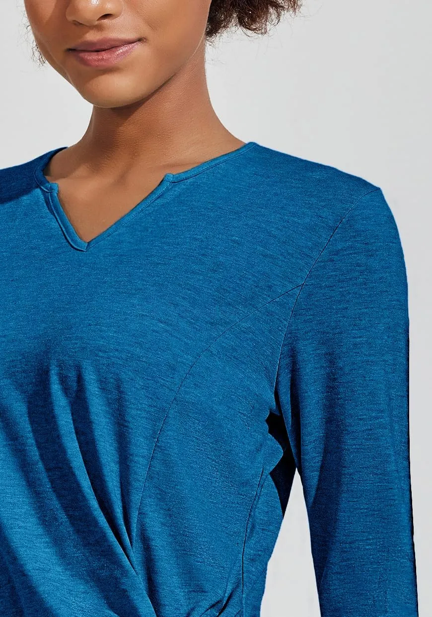 PINSPARK Womens Long Sleeve Shirts Workout Tops V Neck Twist Front Hiking Yoga Running Casual T-Shirt