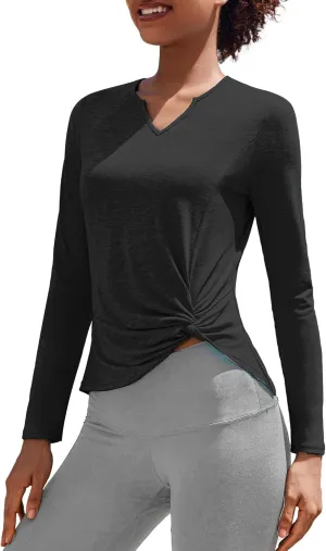 PINSPARK Womens Long Sleeve Shirts Workout Tops V Neck Twist Front Hiking Yoga Running Casual T-Shirt