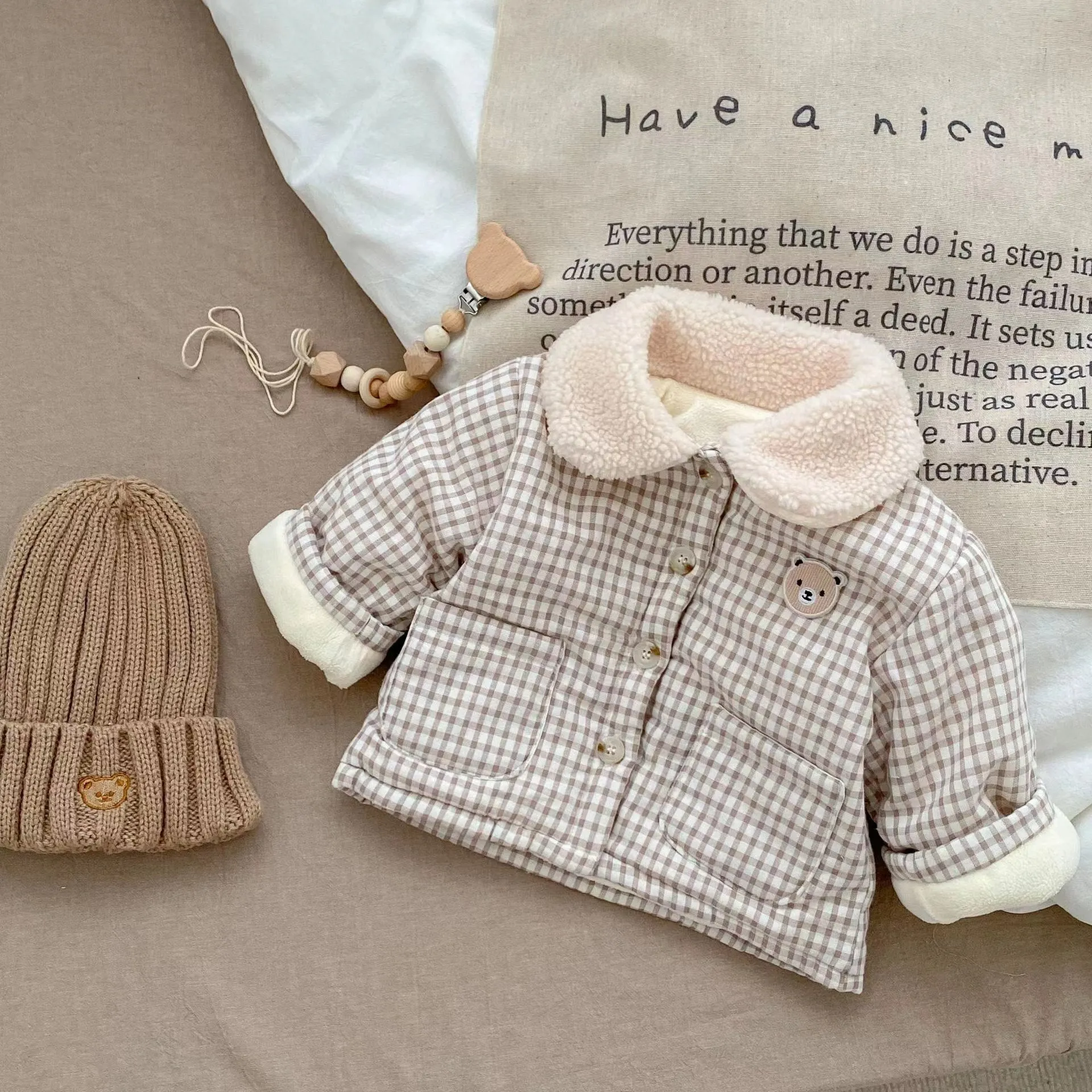 Plaid Bear Baby Padded Plush Thermal Jacket