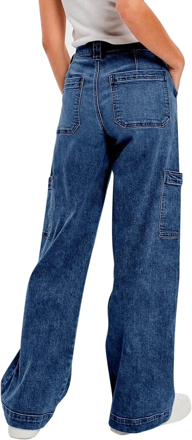 PLNOTME Women's Cargo Jeans Baggy High Waisted Wide Leg Casual Denim Pants with Pockets
