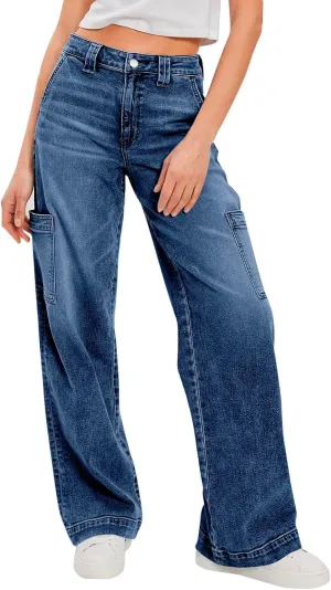 PLNOTME Women's Cargo Jeans Baggy High Waisted Wide Leg Casual Denim Pants with Pockets