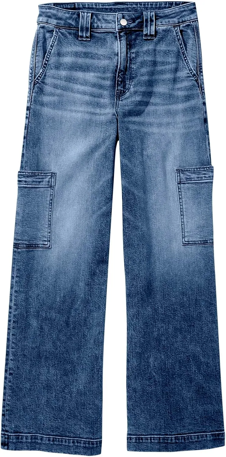 PLNOTME Women's Cargo Jeans Baggy High Waisted Wide Leg Casual Denim Pants with Pockets