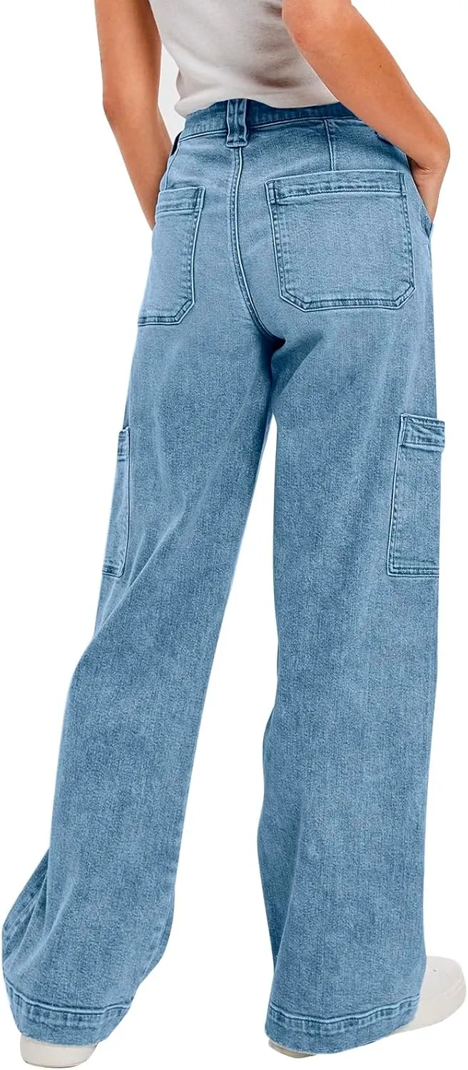 PLNOTME Women's Cargo Jeans Baggy High Waisted Wide Leg Casual Denim Pants with Pockets