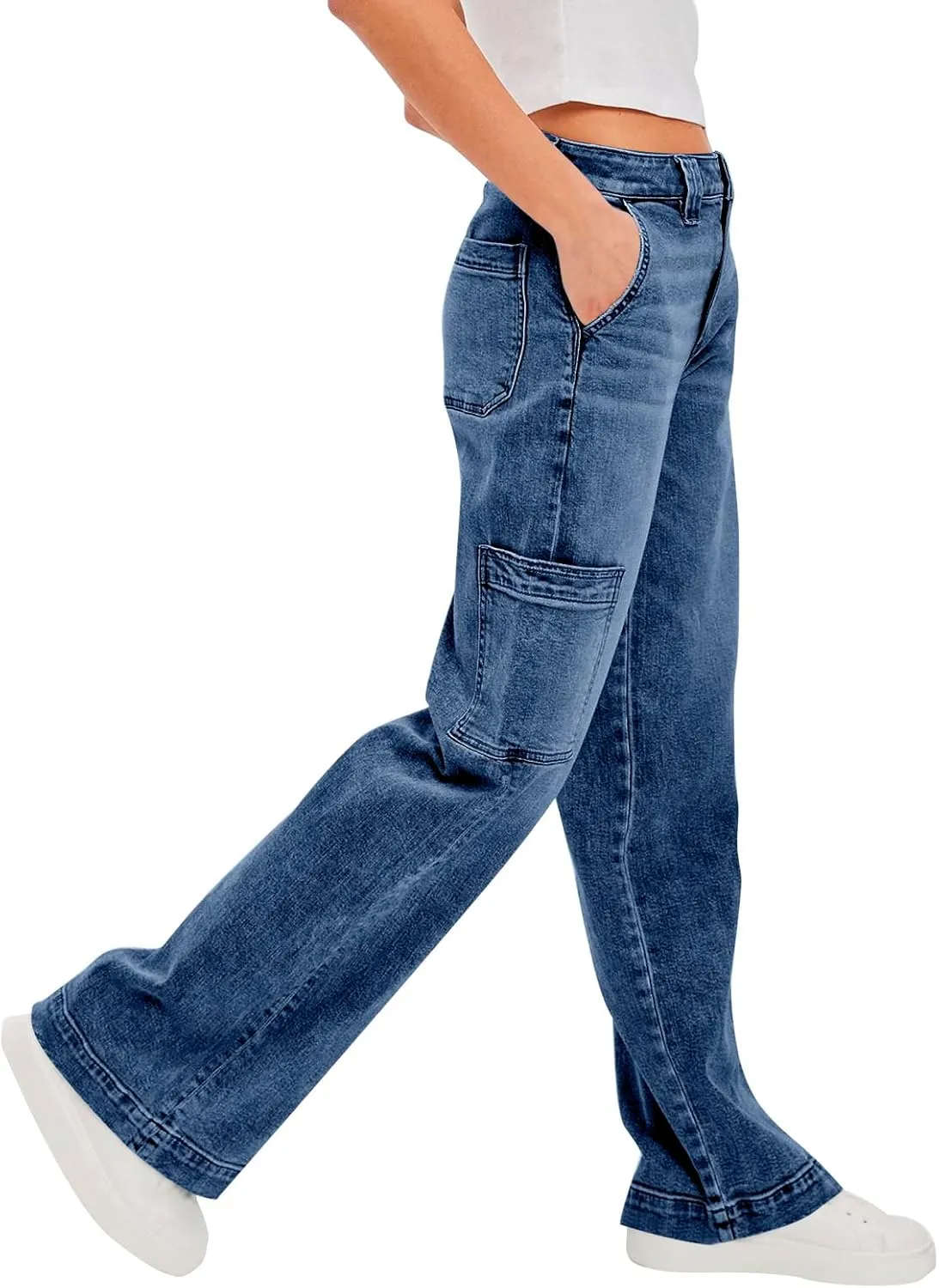 PLNOTME Women's Cargo Jeans Baggy High Waisted Wide Leg Casual Denim Pants with Pockets