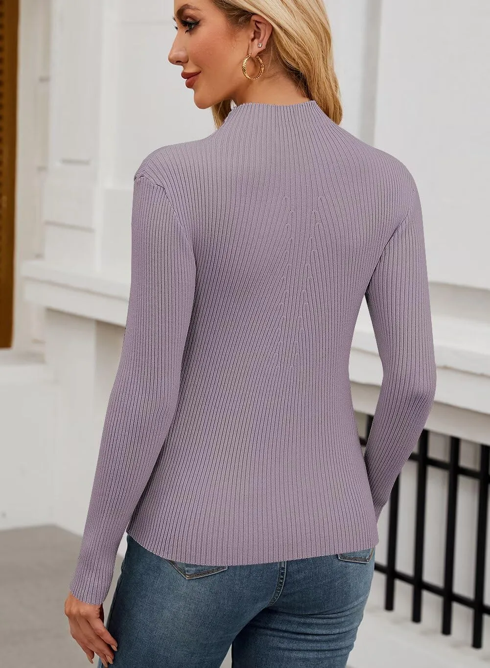 QACOHU Womens Long Sleeve Mock Neck Sweater 2025 Ribbed Knit Slim Fit Casual Pullover Tops Trendy Outfits