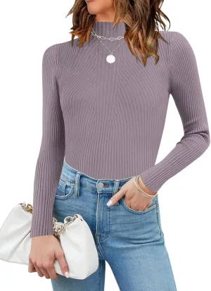QACOHU Womens Long Sleeve Mock Neck Sweater 2025 Ribbed Knit Slim Fit Casual Pullover Tops Trendy Outfits