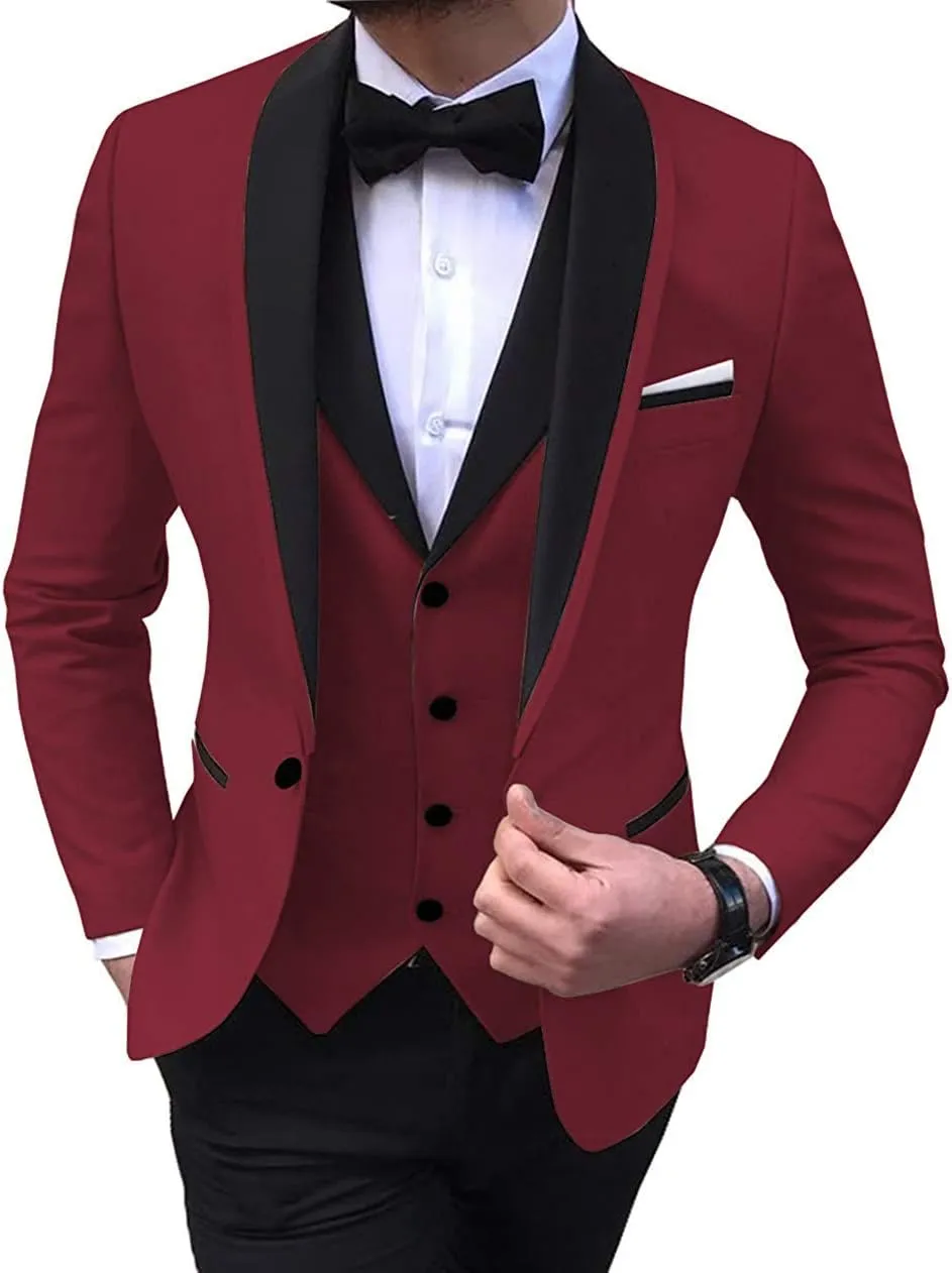 Rdzding Mens Suits Blazer 3 Pieces Jacket Vest Pants Slim Fit Suit African Tuxedos Groomsmen Party Formal Jacket