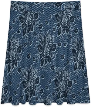 Roses Denim Printed Long Skirts Womens High Waisted Ruffled Midi Skirt Travel Vacation Fall Skirt Home Casual Bottoms