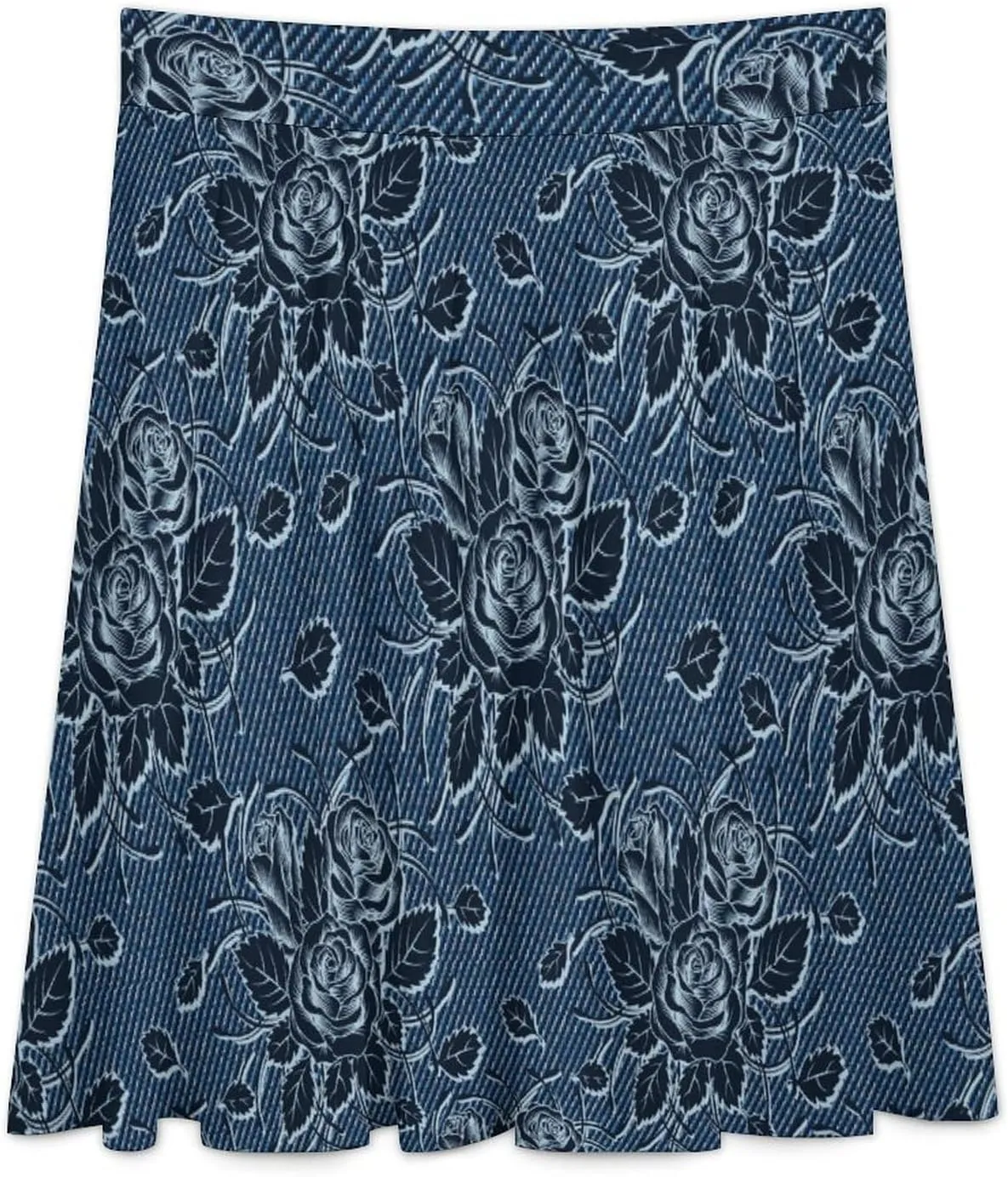 Roses Denim Printed Long Skirts Womens High Waisted Ruffled Midi Skirt Travel Vacation Fall Skirt Home Casual Bottoms