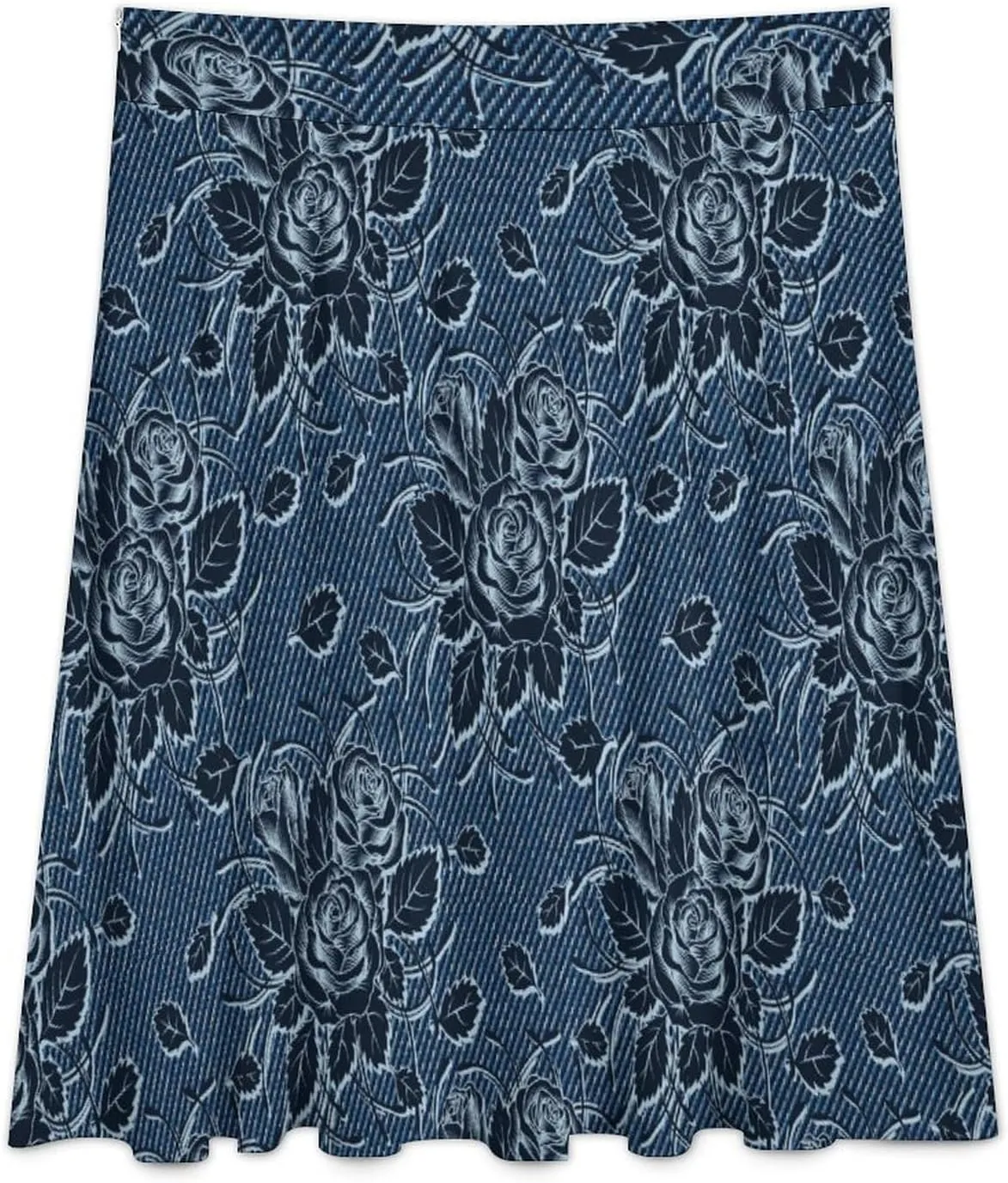 Roses Denim Printed Long Skirts Womens High Waisted Ruffled Midi Skirt Travel Vacation Fall Skirt Home Casual Bottoms