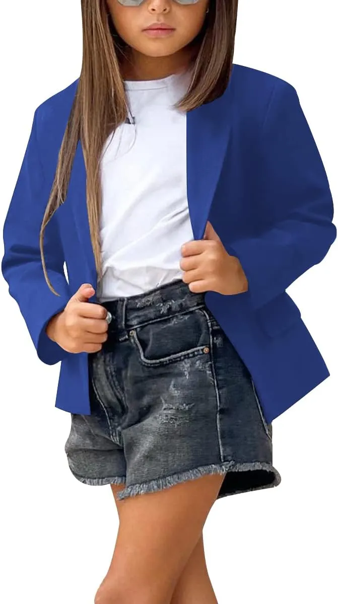 rrhss Girls Solid Color Lapel Suit Coat Button Down Long Seelve Blazer Jacket