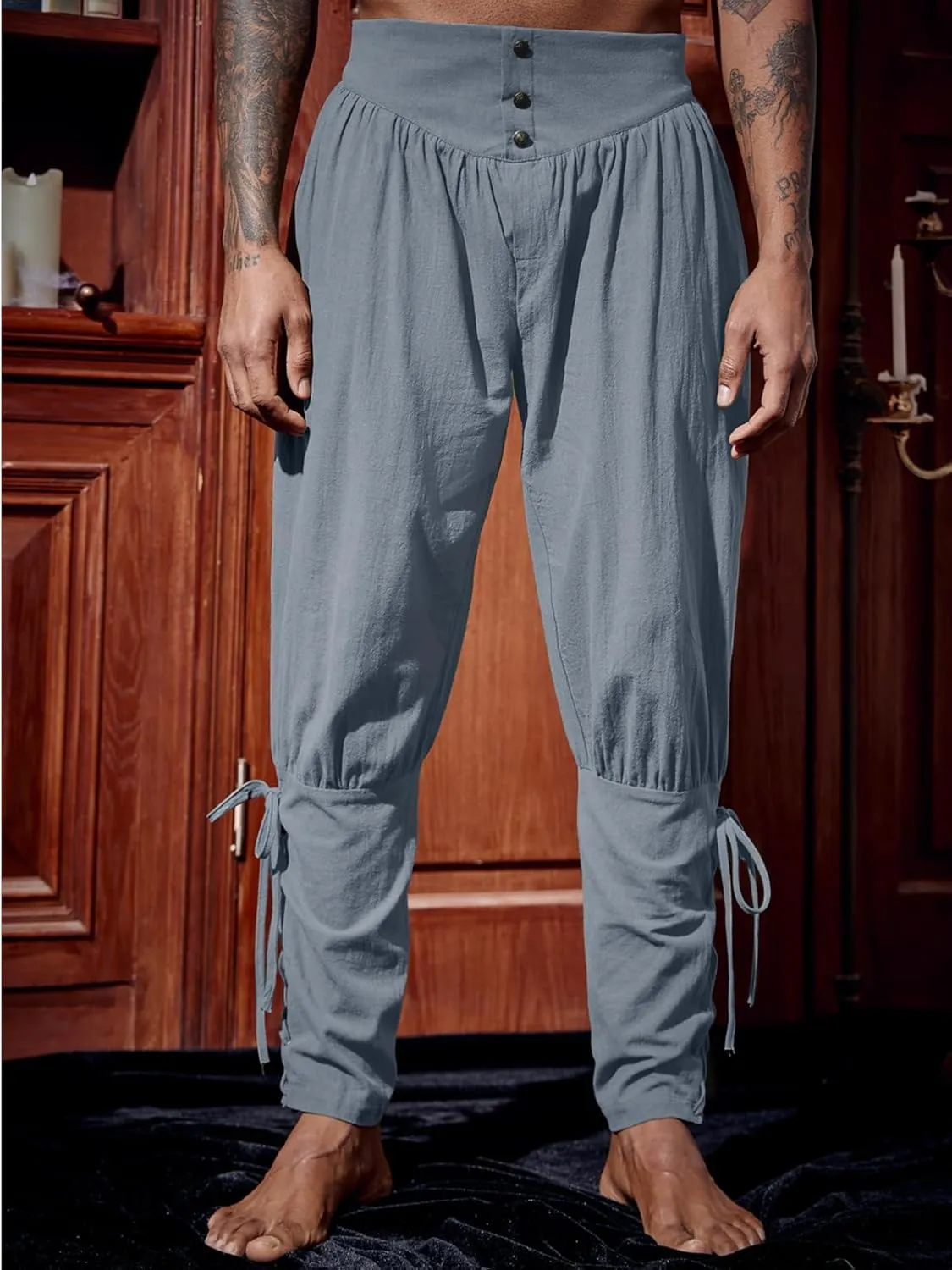 Runcati Mens Medieval Ankle Pants Renaissance Viking Pirate Lace Up Tapered Halloween Linen Costume Trousers