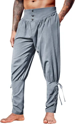 Runcati Mens Medieval Ankle Pants Renaissance Viking Pirate Lace Up Tapered Halloween Linen Costume Trousers