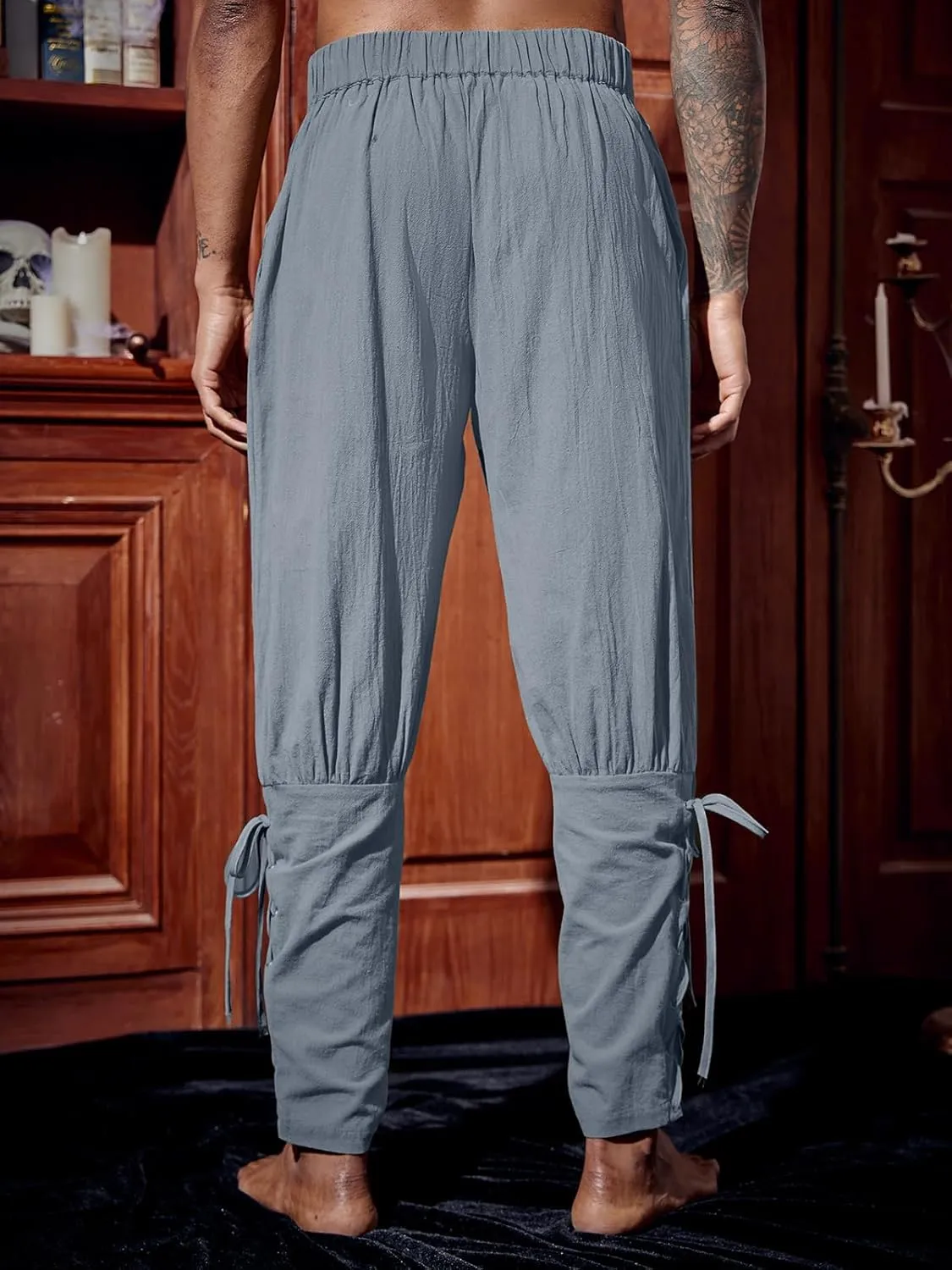 Runcati Mens Medieval Ankle Pants Renaissance Viking Pirate Lace Up Tapered Halloween Linen Costume Trousers