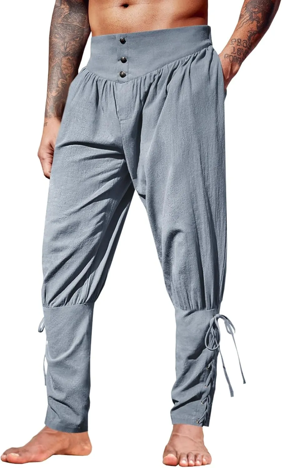 Runcati Mens Medieval Ankle Pants Renaissance Viking Pirate Lace Up Tapered Halloween Linen Costume Trousers