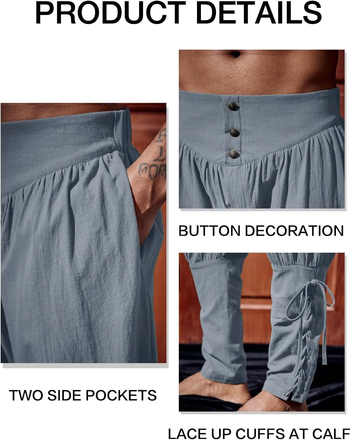 Runcati Mens Medieval Ankle Pants Renaissance Viking Pirate Lace Up Tapered Halloween Linen Costume Trousers