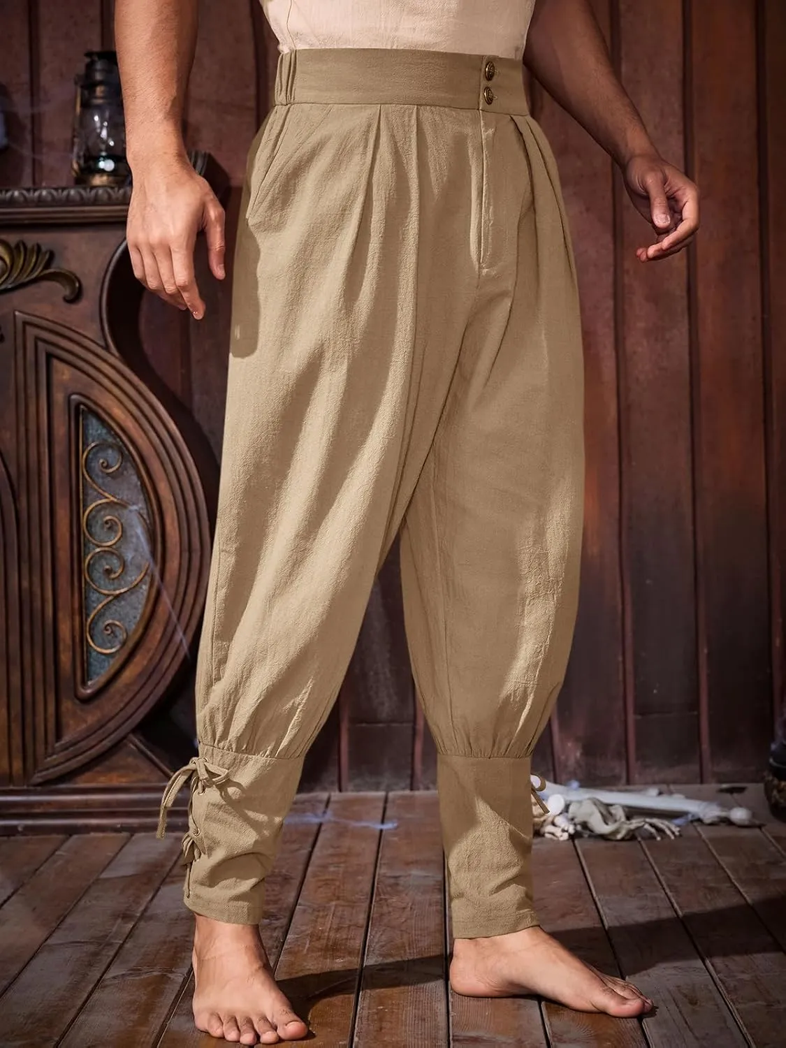Runcati Mens Medieval Ankle Pants Renaissance Viking Pirate Pants Lace Up Cotton Tapered Halloween Costume Trousers