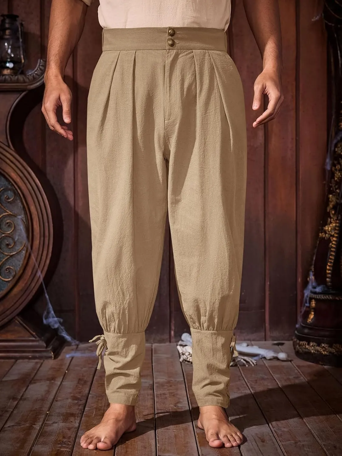 Runcati Mens Medieval Ankle Pants Renaissance Viking Pirate Pants Lace Up Cotton Tapered Halloween Costume Trousers