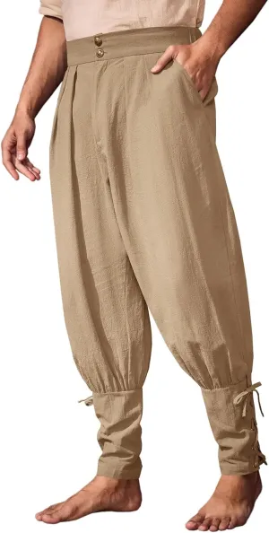 Runcati Mens Medieval Ankle Pants Renaissance Viking Pirate Pants Lace Up Cotton Tapered Halloween Costume Trousers