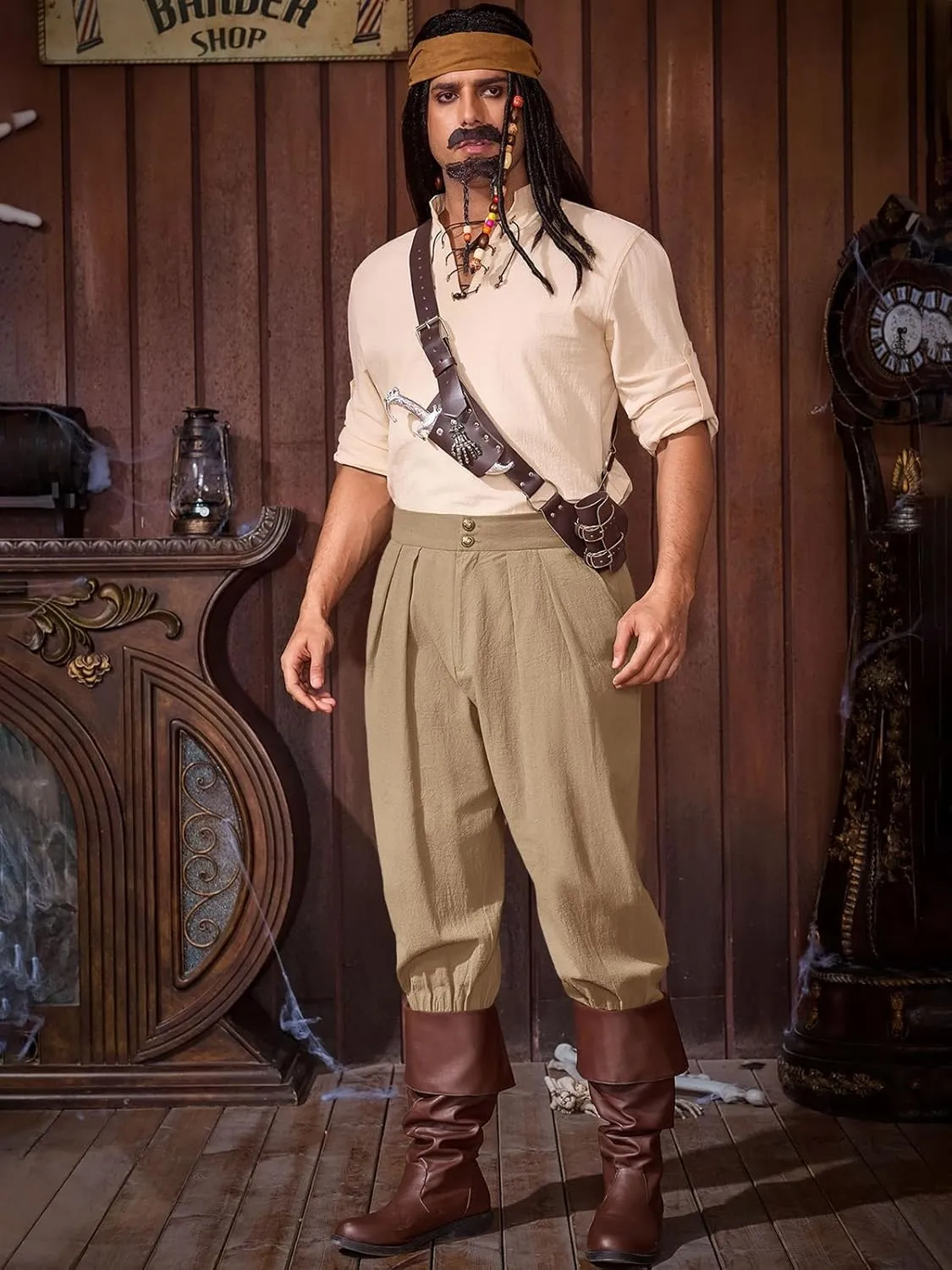 Runcati Mens Medieval Ankle Pants Renaissance Viking Pirate Pants Lace Up Cotton Tapered Halloween Costume Trousers