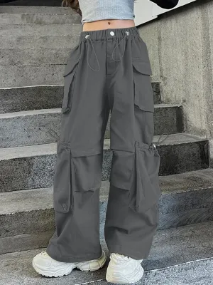 SANGTREE Girls' Vintage Multi-Pocket Cargo Pants Solid Color Streetwear, 3-14 Years