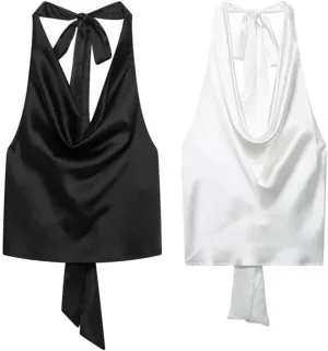 Satin Halterneck Camisole for Women - Adjustable Draped Neck Sleeveless Top Elegant Holiday High Street Blouse