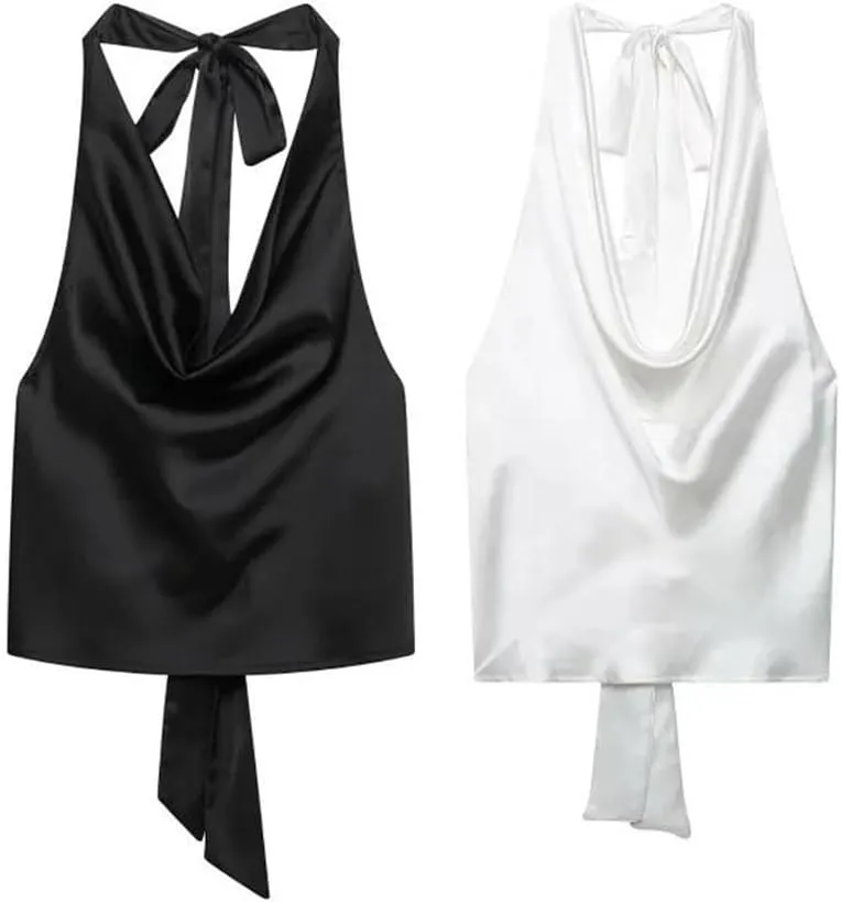 Satin Halterneck Camisole for Women - Adjustable Draped Neck Sleeveless Top Elegant Holiday High Street Blouse