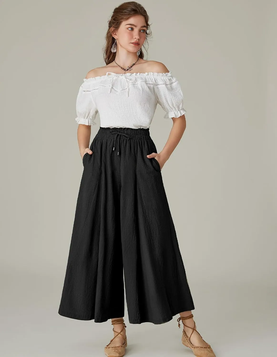 Scarlet Darkness Women Wide Leg Pants High Waist Linen Casual Loose Lounge Trousers with Pockets