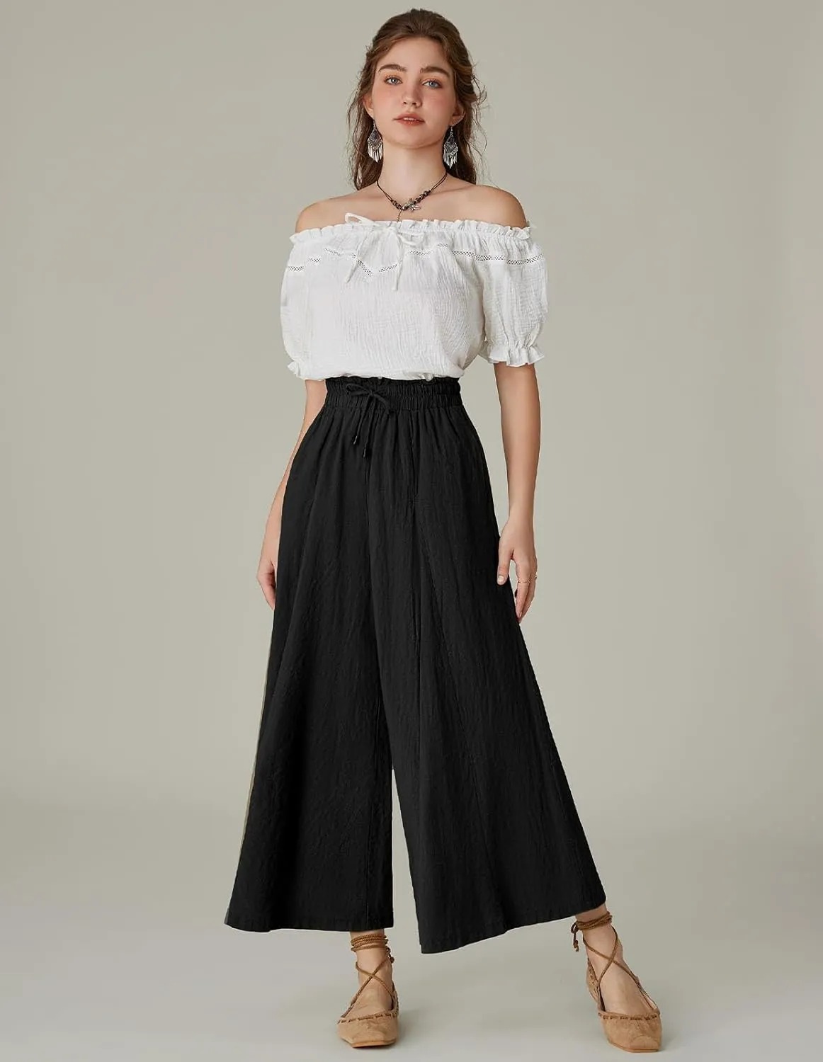Scarlet Darkness Women Wide Leg Pants High Waist Linen Casual Loose Lounge Trousers with Pockets