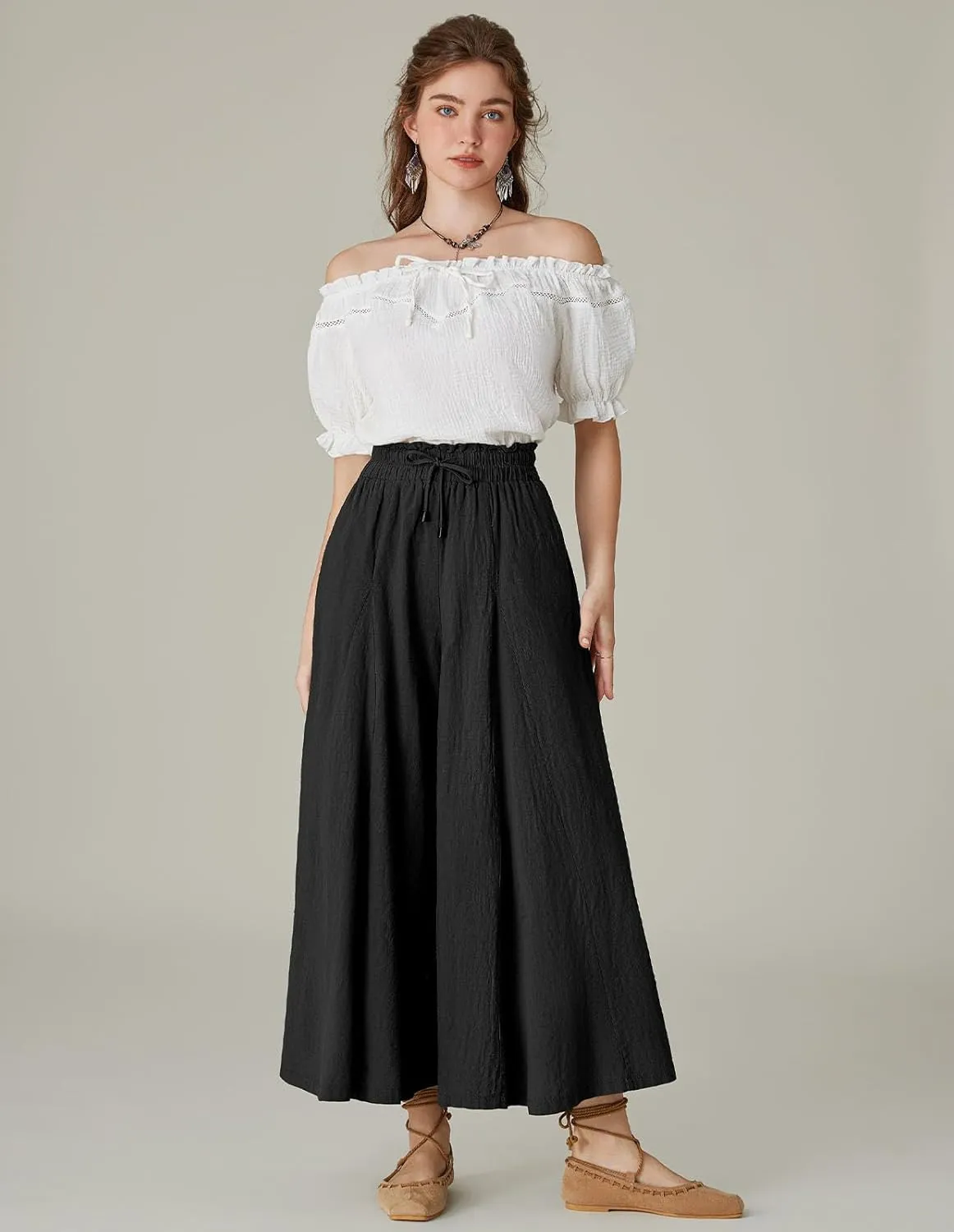 Scarlet Darkness Women Wide Leg Pants High Waist Linen Casual Loose Lounge Trousers with Pockets