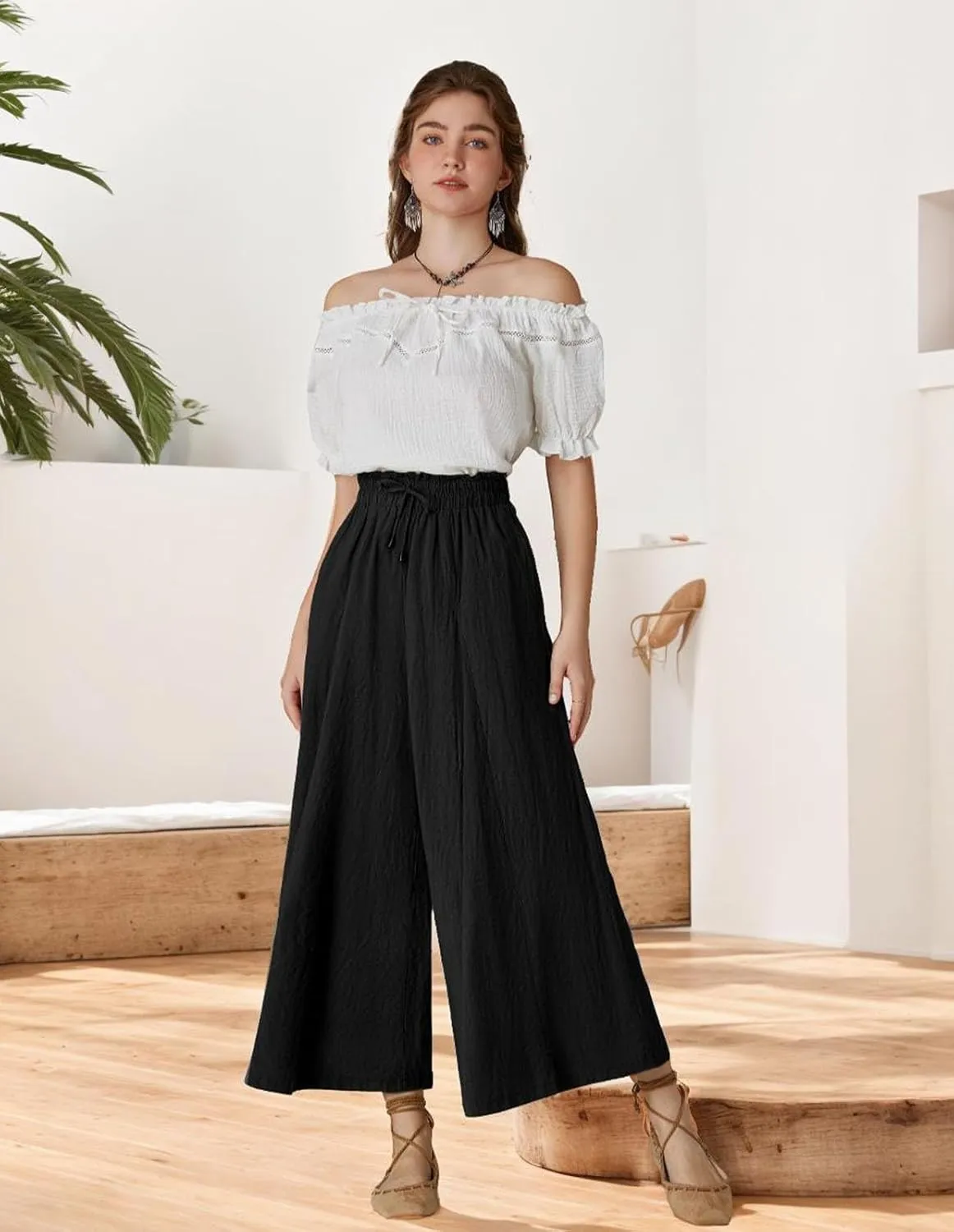 Scarlet Darkness Women Wide Leg Pants High Waist Linen Casual Loose Lounge Trousers with Pockets