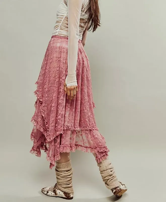 See Through Lace Long Skirts Asymmetrical Ruffle Hem Layered Midi Skirts Fairy Grunge Beach Boho Maxi Skirts