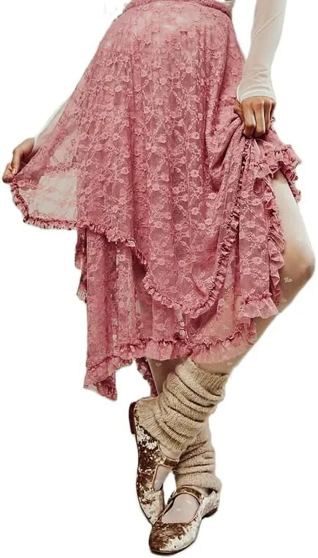 See Through Lace Long Skirts Asymmetrical Ruffle Hem Layered Midi Skirts Fairy Grunge Beach Boho Maxi Skirts