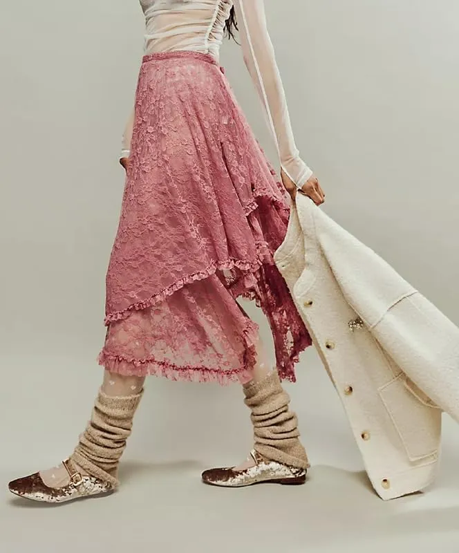 See Through Lace Long Skirts Asymmetrical Ruffle Hem Layered Midi Skirts Fairy Grunge Beach Boho Maxi Skirts