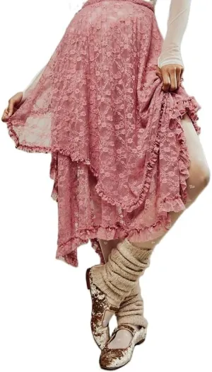 See Through Lace Long Skirts Asymmetrical Ruffle Hem Layered Midi Skirts Fairy Grunge Beach Boho Maxi Skirts