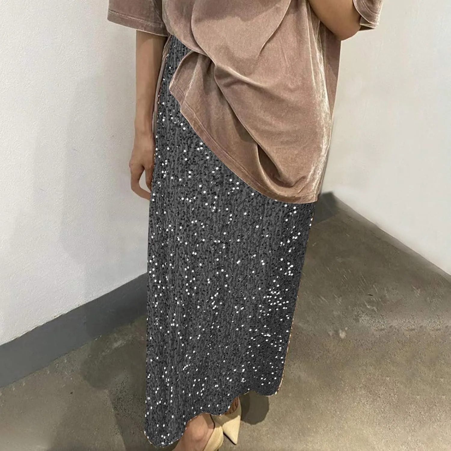 Sequin Long Skirts for Women Sparkly Plus Size Stretch Skirt Elastic Comfort Baggy Skirt Party Casual A Line Skirts