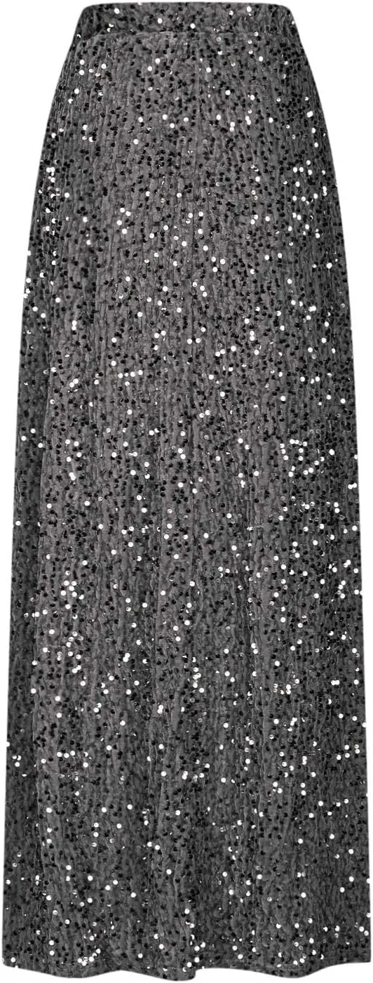 Sequin Long Skirts for Women Sparkly Plus Size Stretch Skirt Elastic Comfort Baggy Skirt Party Casual A Line Skirts
