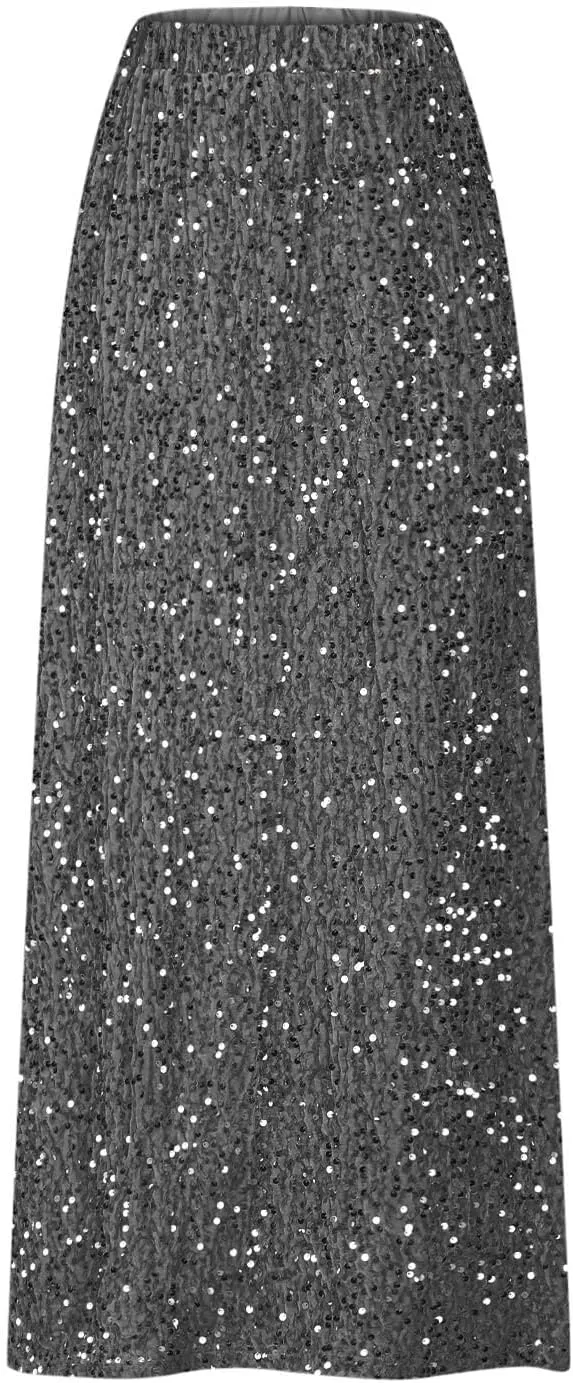 Sequin Long Skirts for Women Sparkly Plus Size Stretch Skirt Elastic Comfort Baggy Skirt Party Casual A Line Skirts