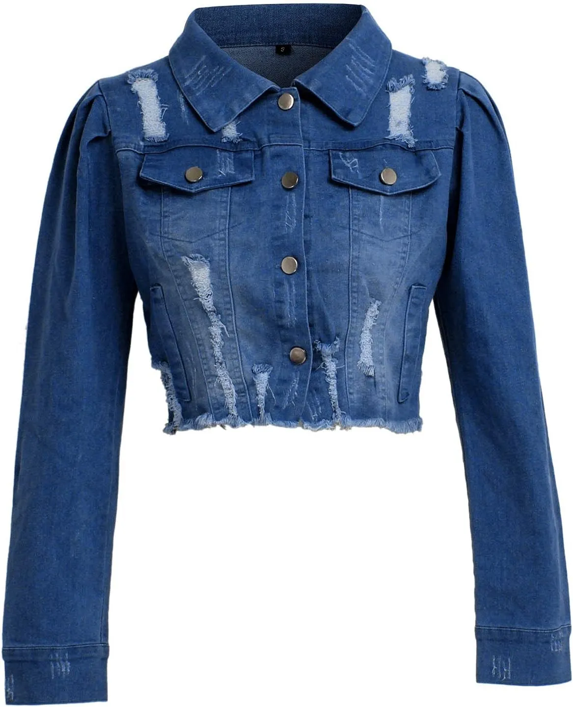 SERYU Jean Jacket for Women Ripped Puff Sleeve Frayed Slim Denim Crop Top Cropped Jean Jacket