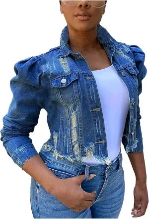 SERYU Jean Jacket for Women Ripped Puff Sleeve Frayed Slim Denim Crop Top Cropped Jean Jacket