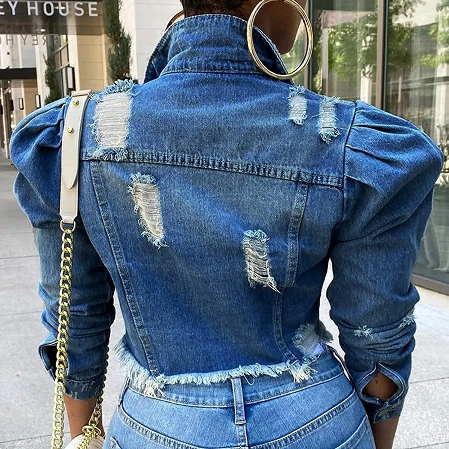 SERYU Jean Jacket for Women Ripped Puff Sleeve Frayed Slim Denim Crop Top Cropped Jean Jacket